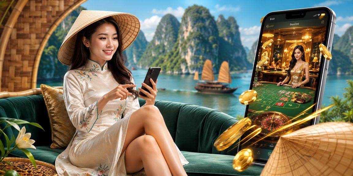 Người dùng sử dụng ứng dụng casino tại vịnh Hạ Long với nón lá truyền thống