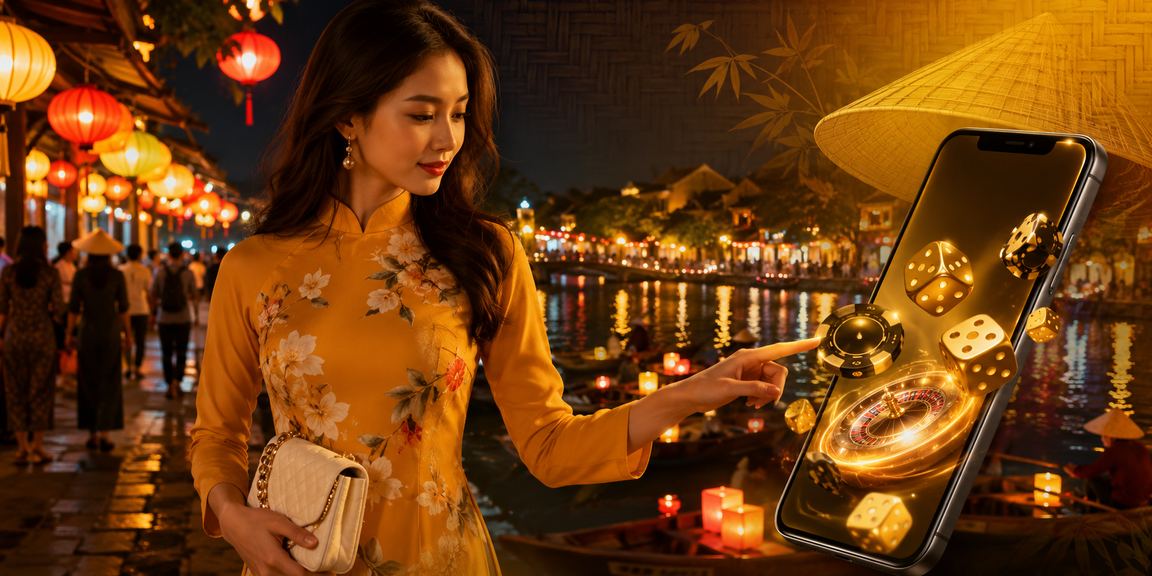 Người chơi sử dụng điện thoại di động tại phố cổ Hội An với nón lá truyền thống